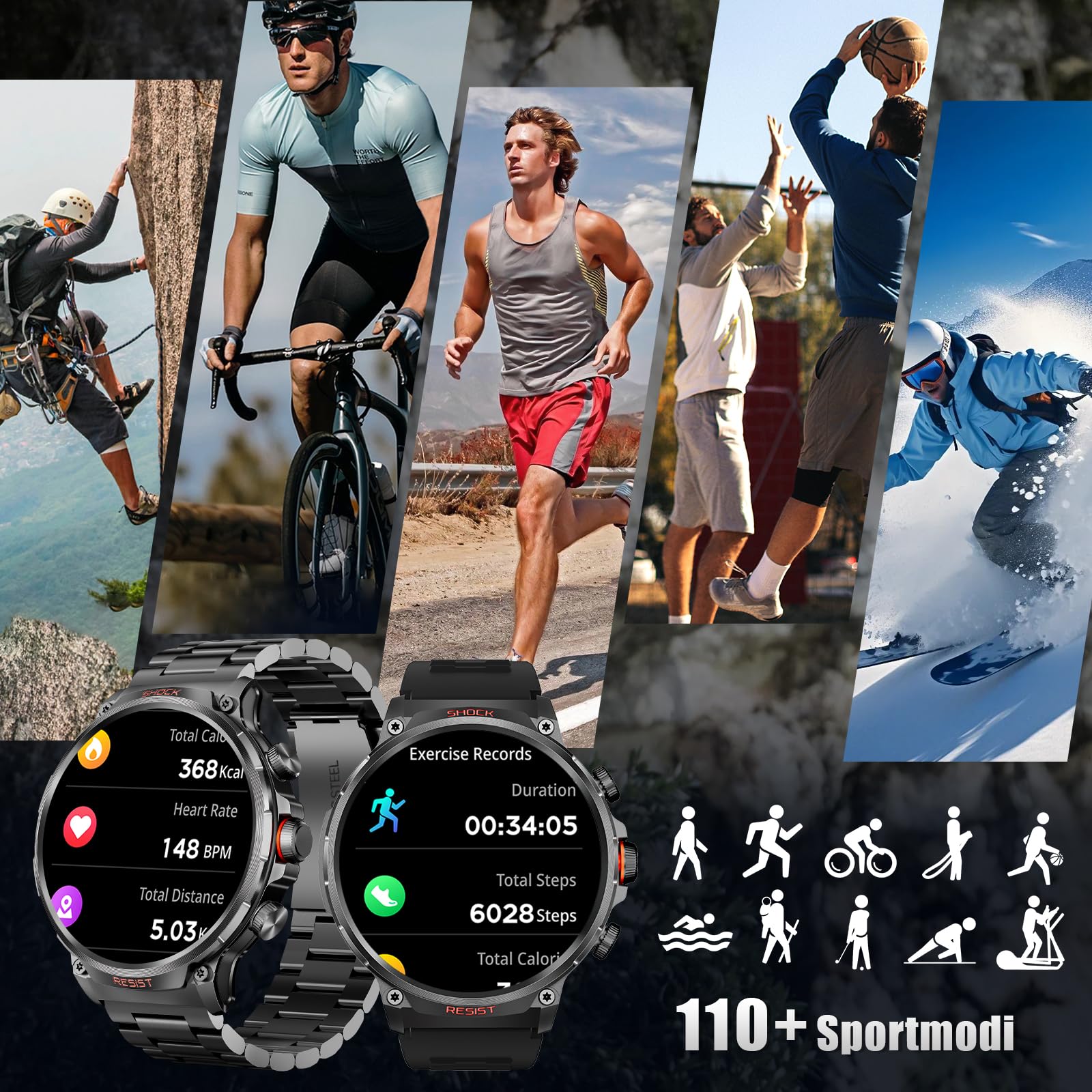 Смарт-годинник WalkerFit з телефоном, 1.85 дюйма HD, військовий, з батареєю 710 мАг, водонепроникний, з монітором сну, 100+ спортивних режимів, фото №5
