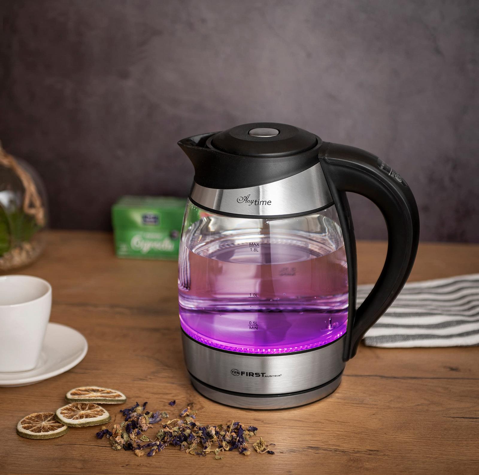 Електрочайник TZS First Austria 1.8 L з нержавіючої сталі Скляний з ситом для чаю та фільтром від накипу З LED підсвіткою Чорний, фото №4