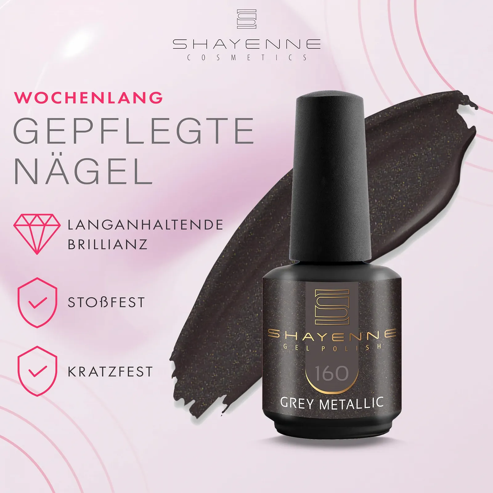 Гель-лак SHAYENNE 160 Серый Металлик с блестками, 15 мл, фото №5