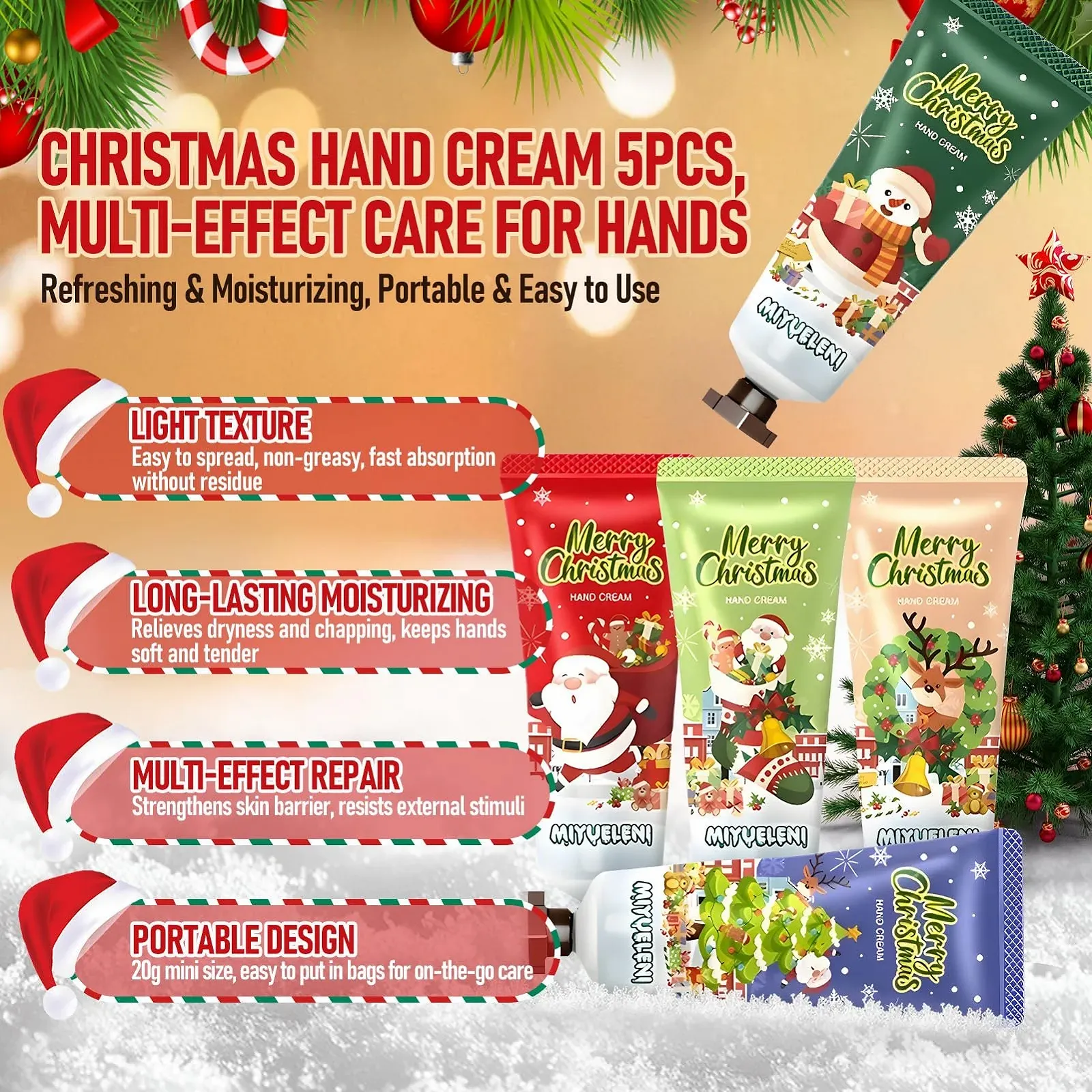 Крем для рук Mini Christmas, Mini Hand Creams Christmas, Набор кремов для рук Christmas для очень сухой и потрескавшейся кожи Подходит для мужчин и женщин, Набор подарочных кремов для рук, 5 штук, фото №2