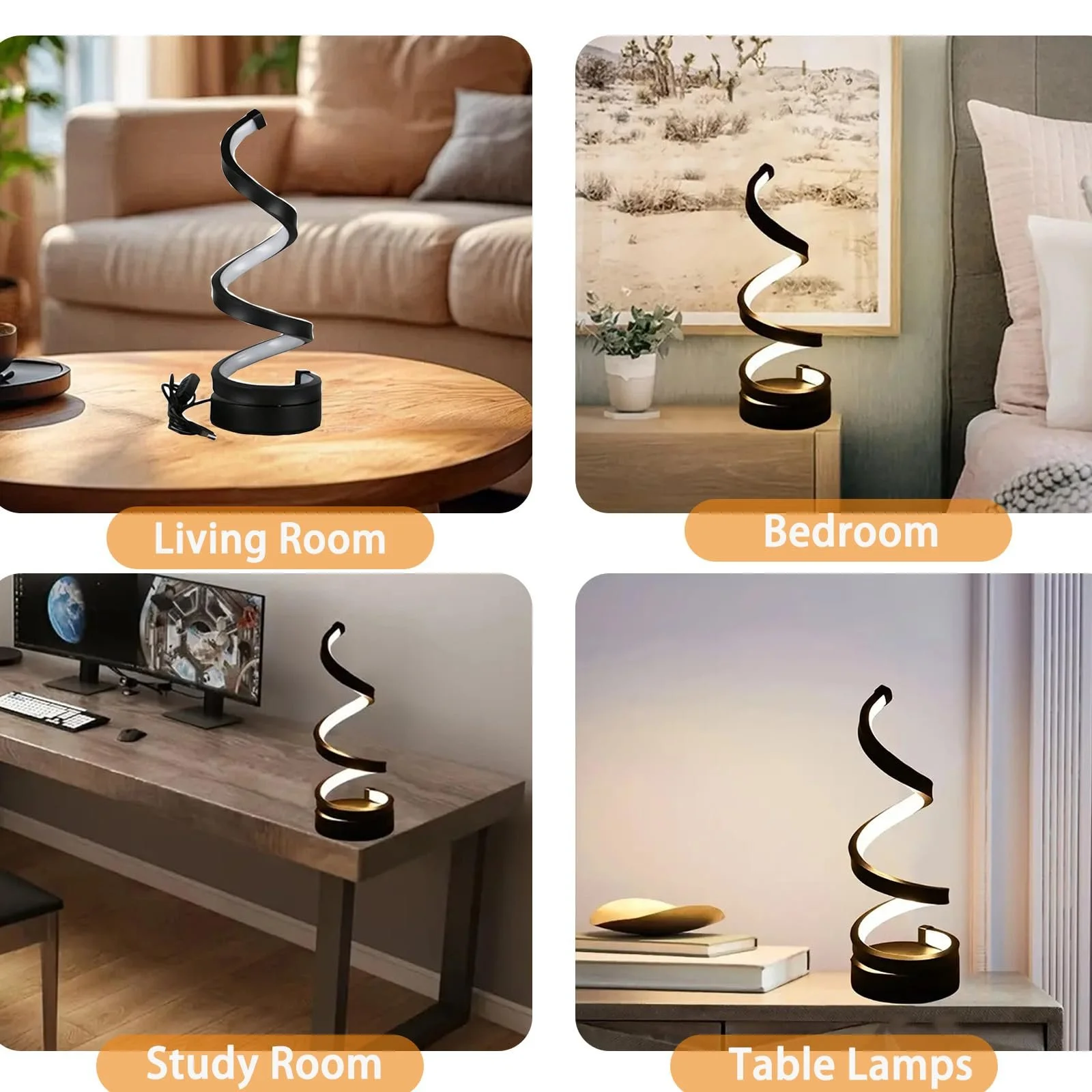 Настільна лампа LED Spiral Design Dimmable USB Чорна 12 x 4 дюйми, фото №5