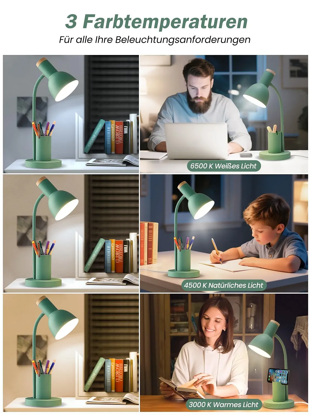 Настільна лампа LED З тримачем для ручок 3 режими кольору Металева Зелена, фото №3