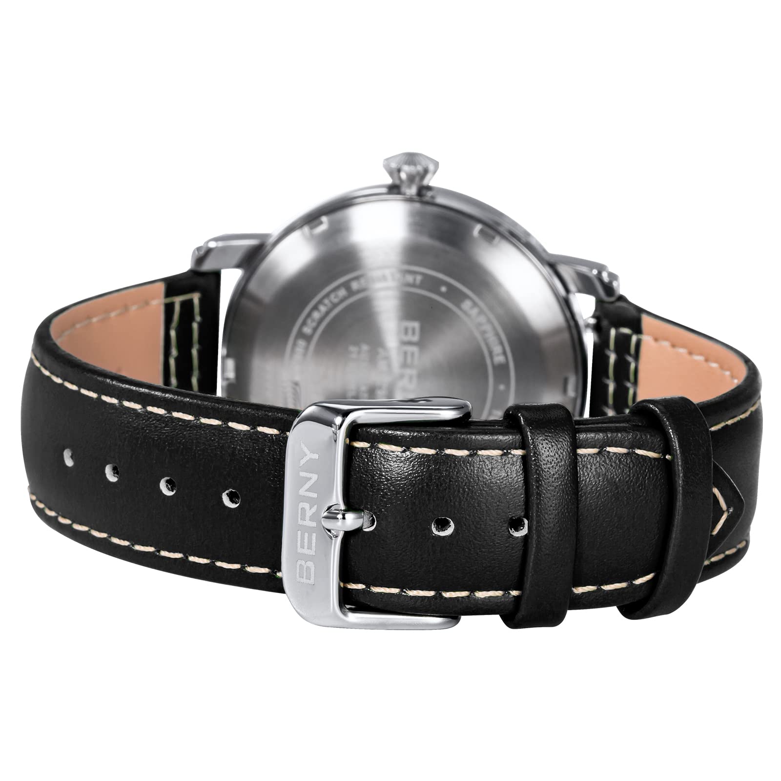 Часы BERNY Механический Автоматический Мужской Самозавод Кожаный Ремешок Классический Авиатор Водонепроницаемый 10АТМ Сапфировое Стекло Устойчивый к Царапинам Супер Люминесцентный, фото №6