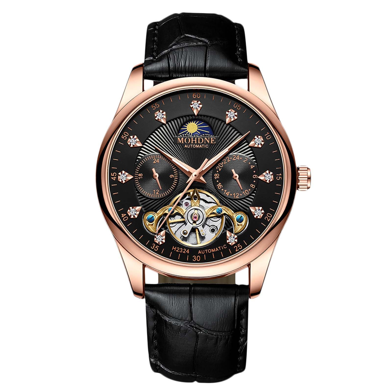Часы rorios Men's Automatic Tourbillon Diamond Skeleton Waterproof Mechanical Luminous Moon Phase Leather Strap, фото №1
