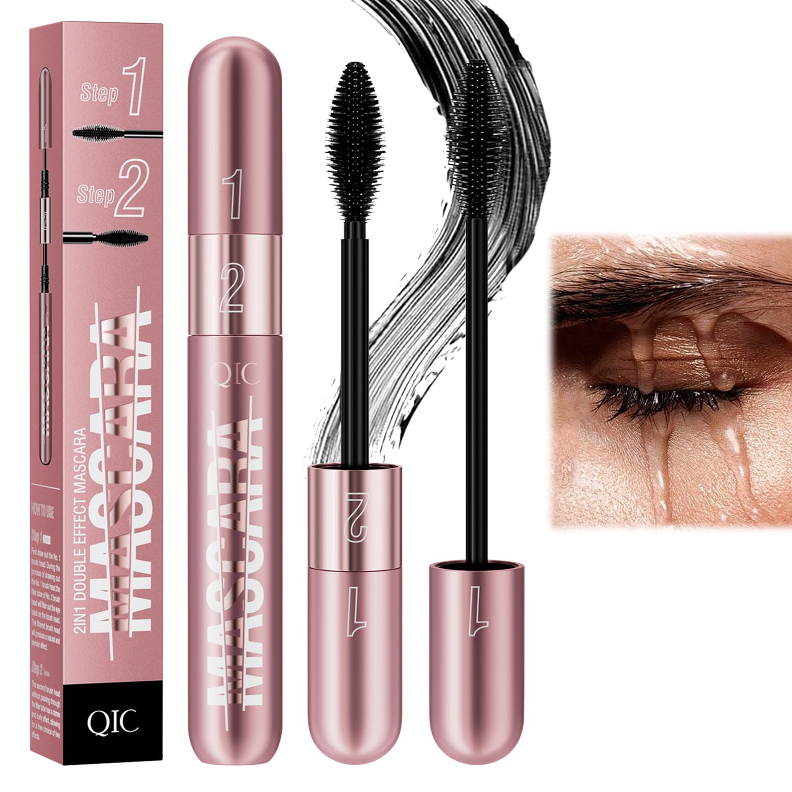Mascara телескопическая 4D 2-in-1 водостойкая, устойчивая к поту и не смазывается, чёрная, фото №1