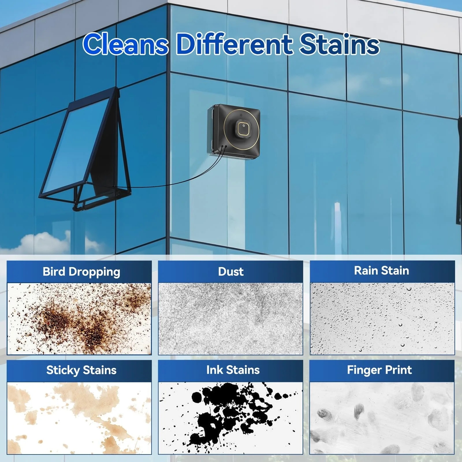 Робот для миття вікон Jemyths YW336 з чотирма форсунками, ультразвуковим розпиленням, баком 110 мл, електричний, потужність всмоктування 3500 Па, 4 режими прибирання для внутрішніх і зовнішніх висотних вікон, фото №7 Робот для миття вікон Jemyths YW336 з чотирма форсунками, ультразвуковим розпиленням, баком 110 мл, електричний, потужність всмоктування 3500 Па, 4 режими прибирання для внутрішніх і зовнішніх висотних вікон, фото №7