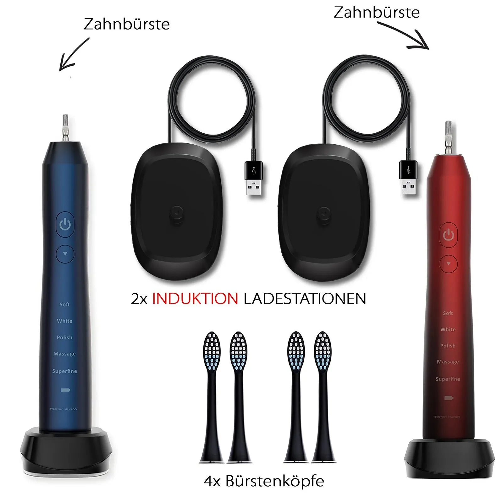 Звуковая зубная щетка Tristan Auron Double Pack 55 000 VPM 5 режимов IPX7 Красная/Синяя, фото №7