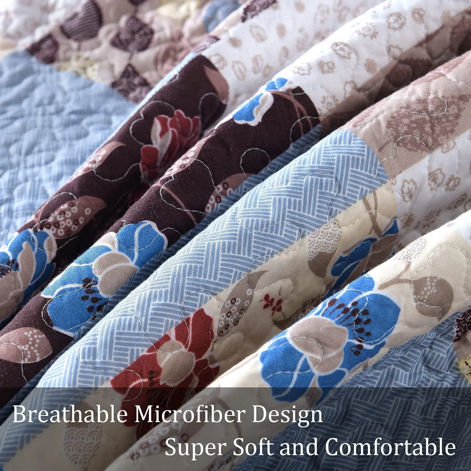 Покривало Qucover 220 x 240 см, стьобане, мікрофібра, тонке зимове, двосторонній дизайн, синій з квітковим візерунком, фото №3