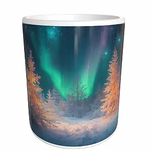 Кружка 330 мл Mug Print Aurora Borealis Winter Forest Snow Sun Керамическая Кружка для Кофе Подарок Лес Солнце Луна Северное сияние Солнце Луна Звезды Блестки Дерево - Фото 1
