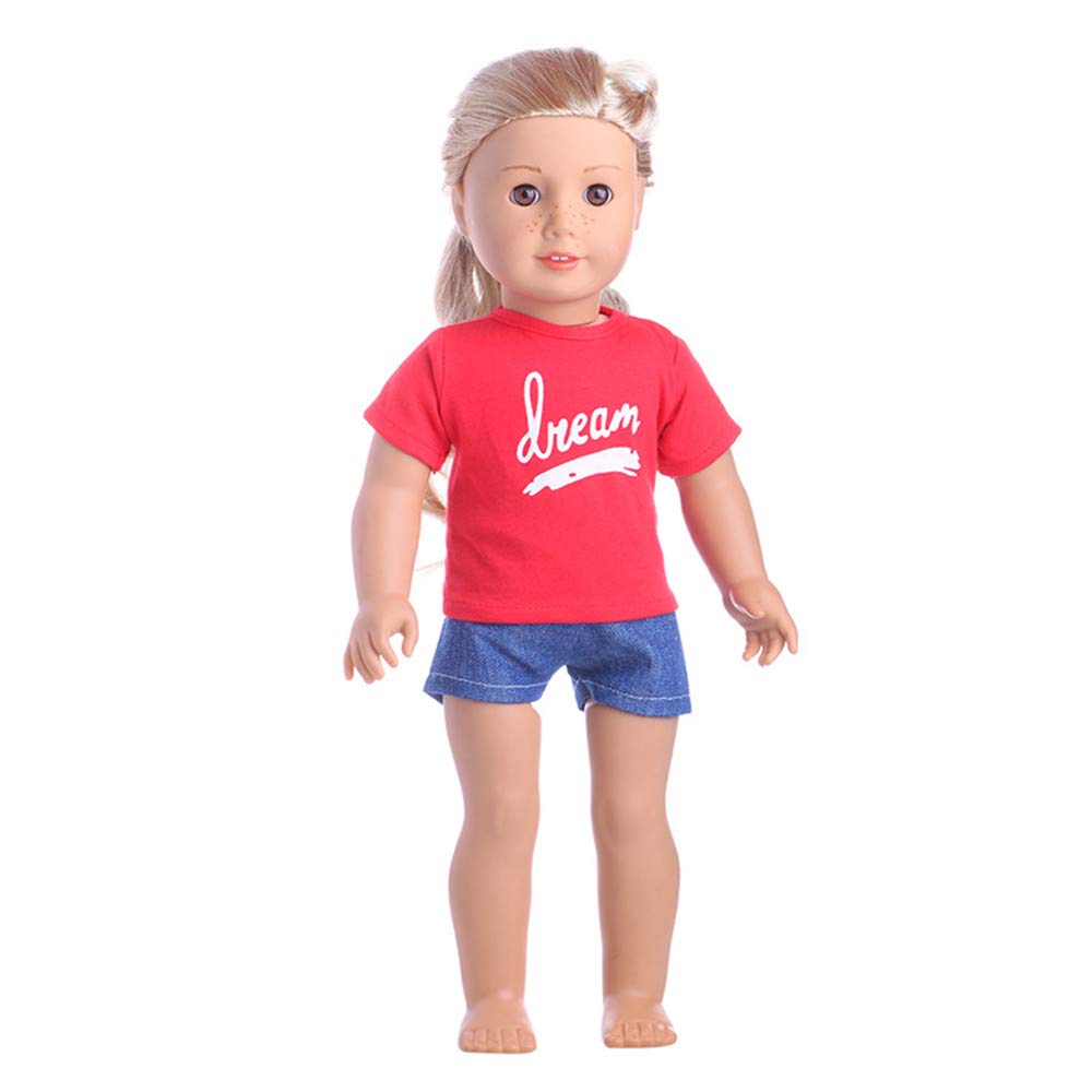 Одежда Uteruik для 18" кукол American Girl Повседневные образы - Красная футболка и короткие джинсы аксессуары костюма 2шт/набор, фото №2