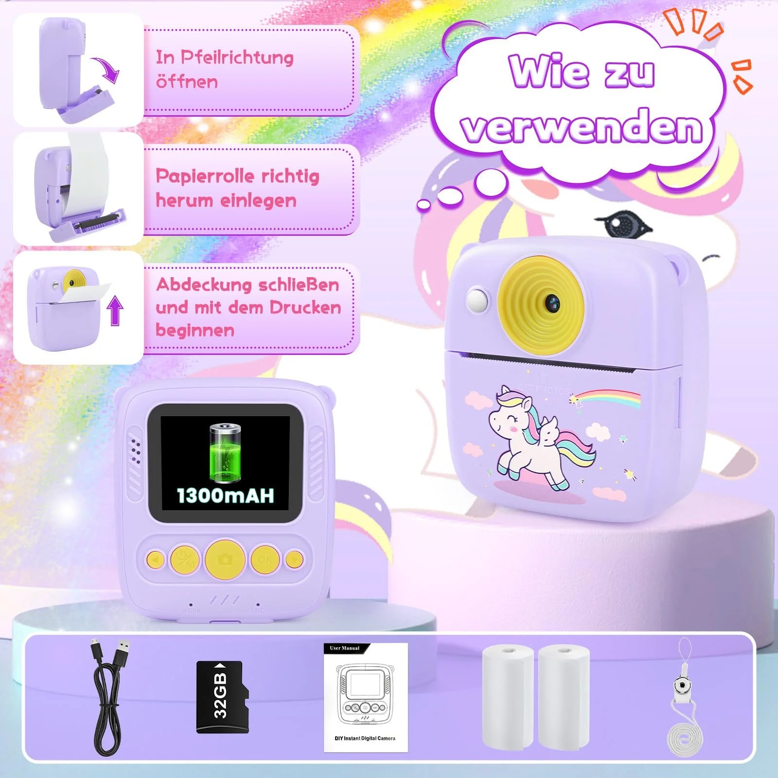 Детская цифровая фотокамера мгновенной печати 48MP 1080P с бумагой для печати и картой TF 32G Пурпурная (розовая), фото №7