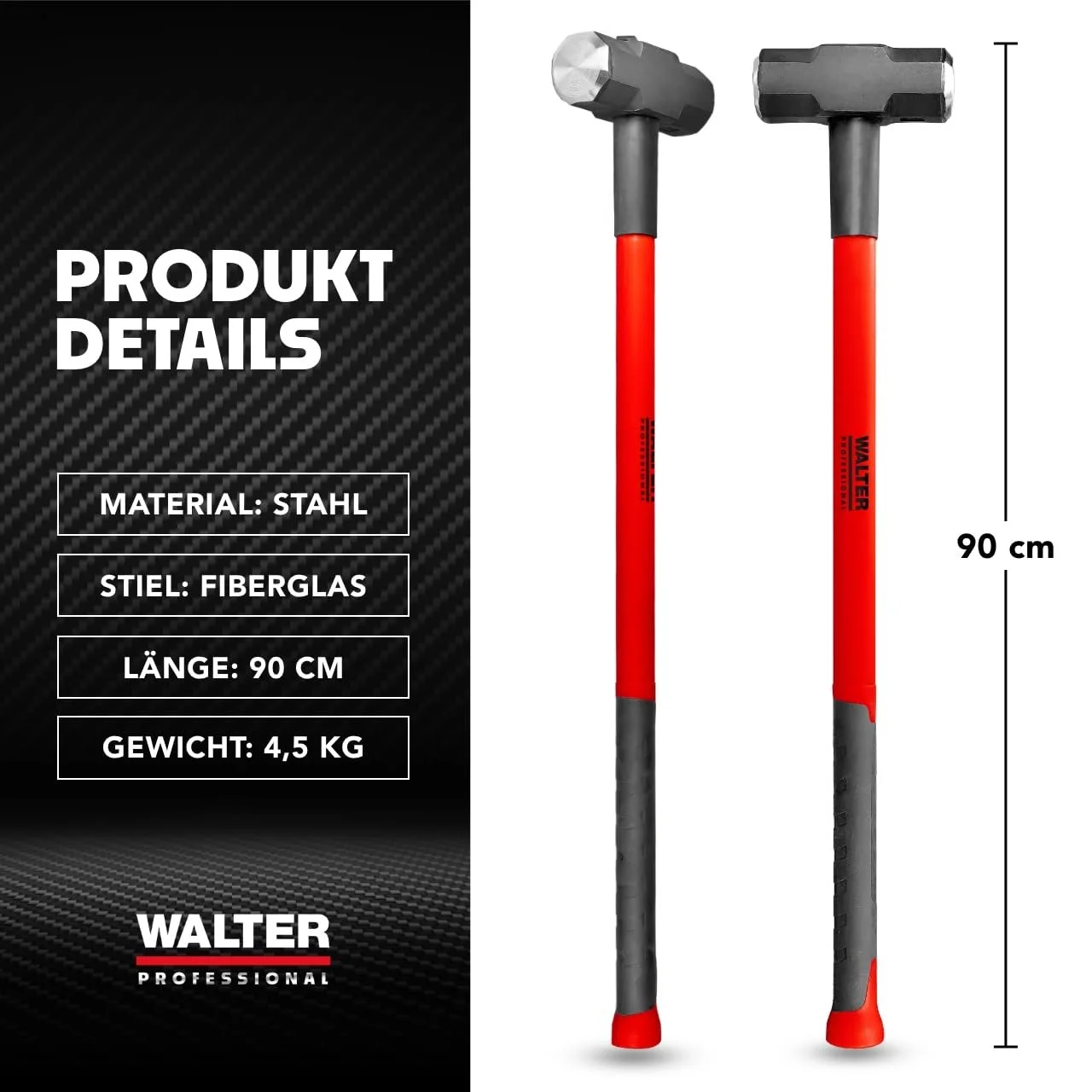 Кувалда WALTER Professional 4.5 кг 90 см с вибропоглощающей рукояткой из стекловолокна, фото №4 Кувалда WALTER Professional 4.5 кг 90 см с вибропоглощающей рукояткой из стекловолокна, фото №4