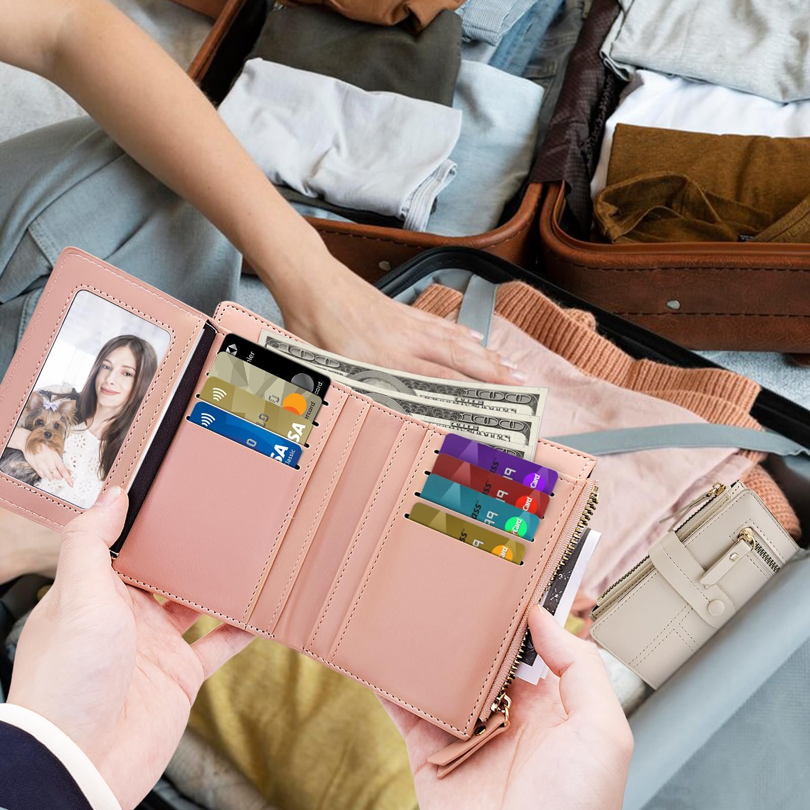 Кошелек AdiStylinno Женский Большой Вместимости из Искусственной Кожи с RFID Защитой и Двойной Молнией, Многофункциональный Двойного Сложения Короткий Кошелек, розовый, Повседневный, фото №6