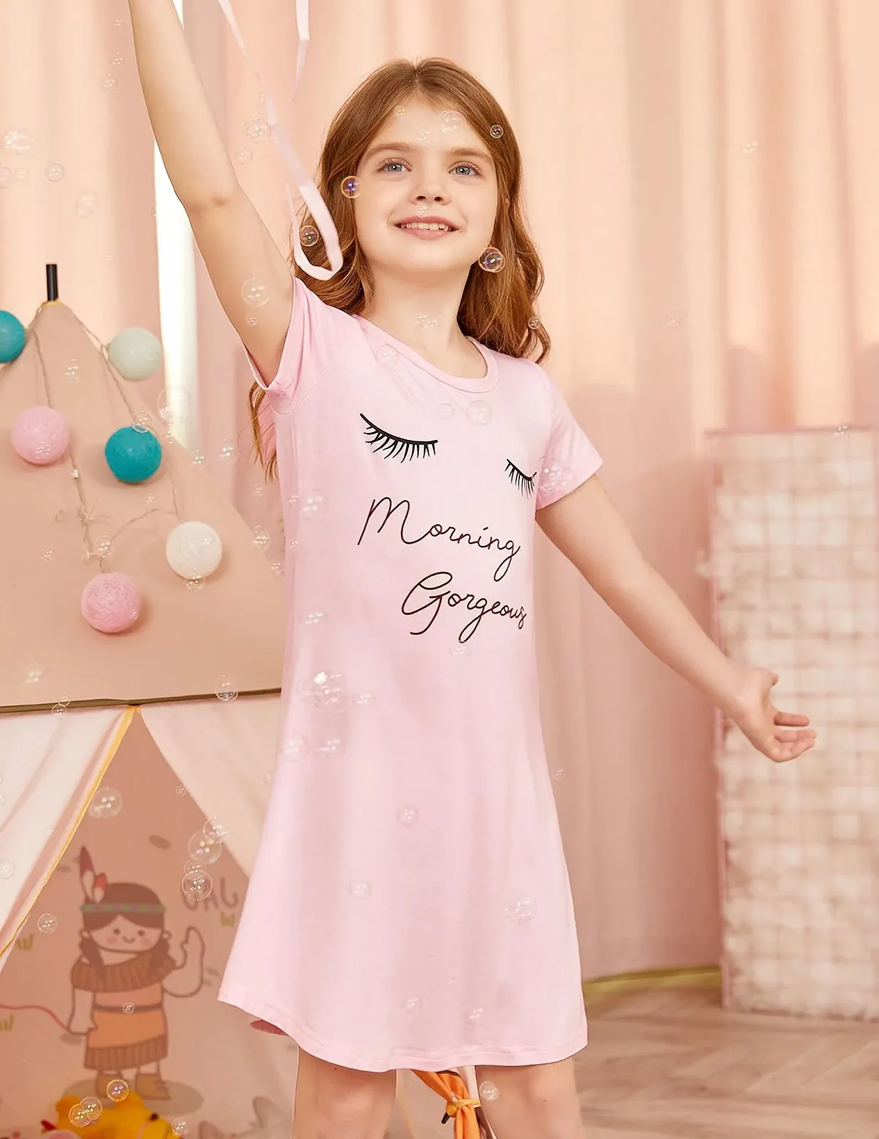 Нічна сорочка Arshiner для дівчаток, з короткими рукавами, дитяча нічна сорочка, котячий єдиноріг, круглий виріз, фото №3