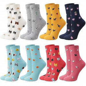 Носки Женские с рисунком 8 пар, размер 35-38, Разноцветные с забавным мультяшным котом, Хлопок - Фото 1