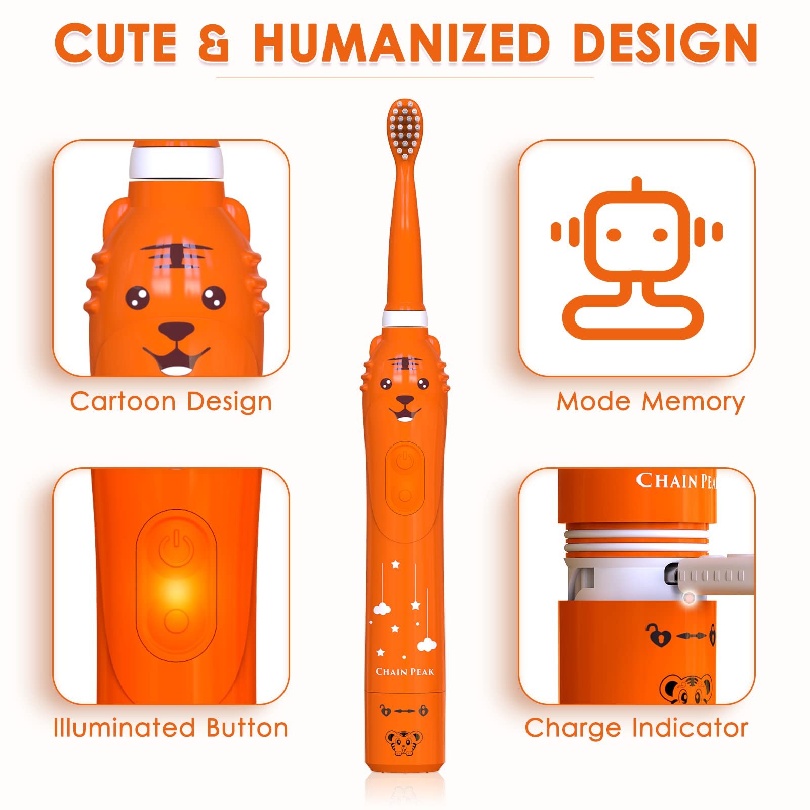 Дитяча електрична звукова зубна щітка CHAIN Peak 6 режимів Blue/Pink/Orange, фото №6