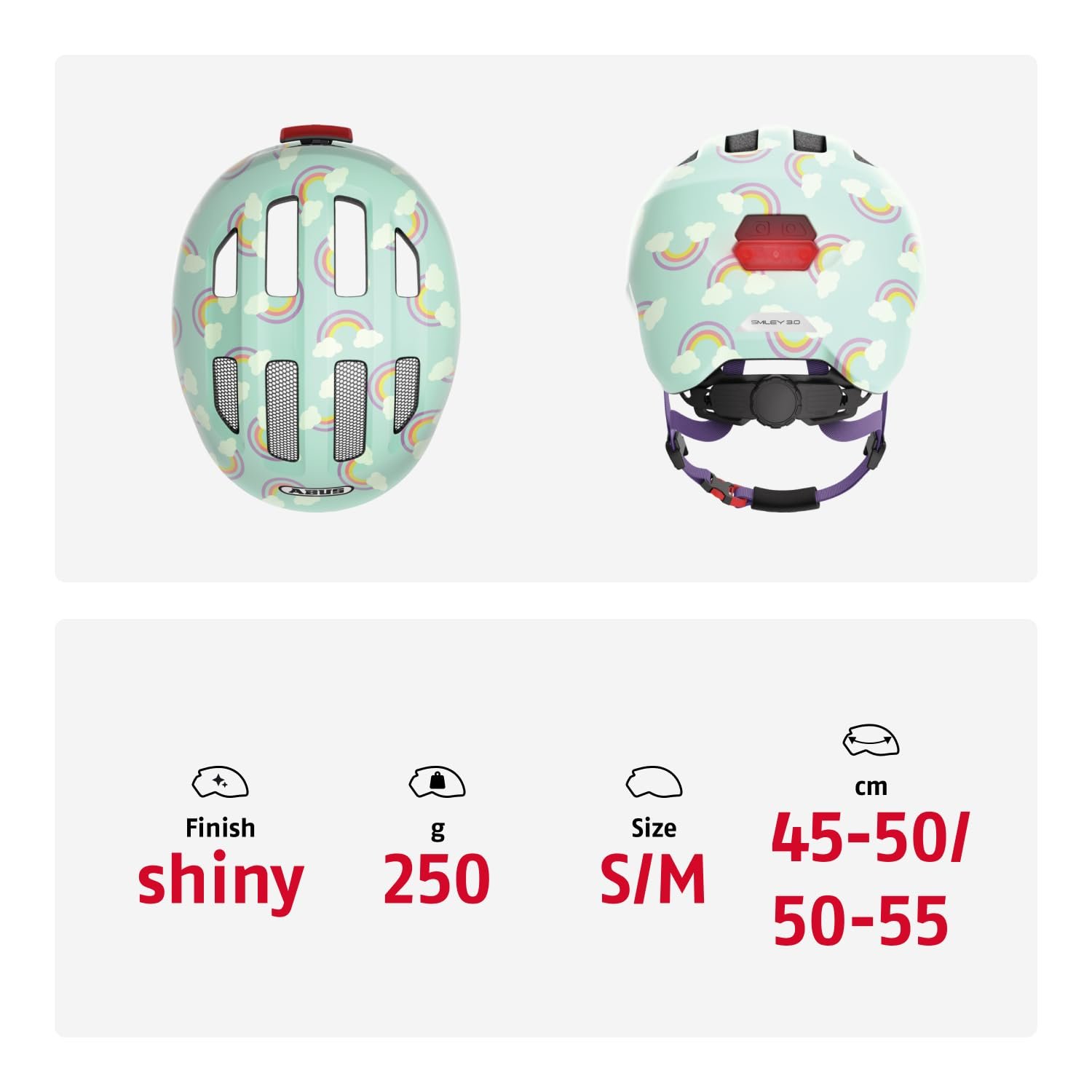Шолом Велосипедний Дитячий ABUS Smiley 3.0 LED, M, світло-синій з райдужним візерунком, фото №5