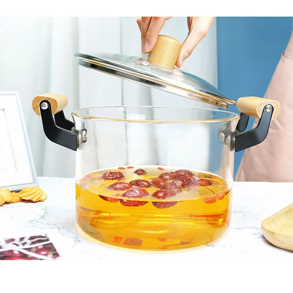 Каструля Guoyoocc Скляна термостійка прозора з кришкою та дерев'яною ручкою для приготування локшини, супу, молока, фото №7 Каструля Guoyoocc Скляна термостійка прозора з кришкою та дерев'яною ручкою для приготування локшини, супу, молока, фото №7