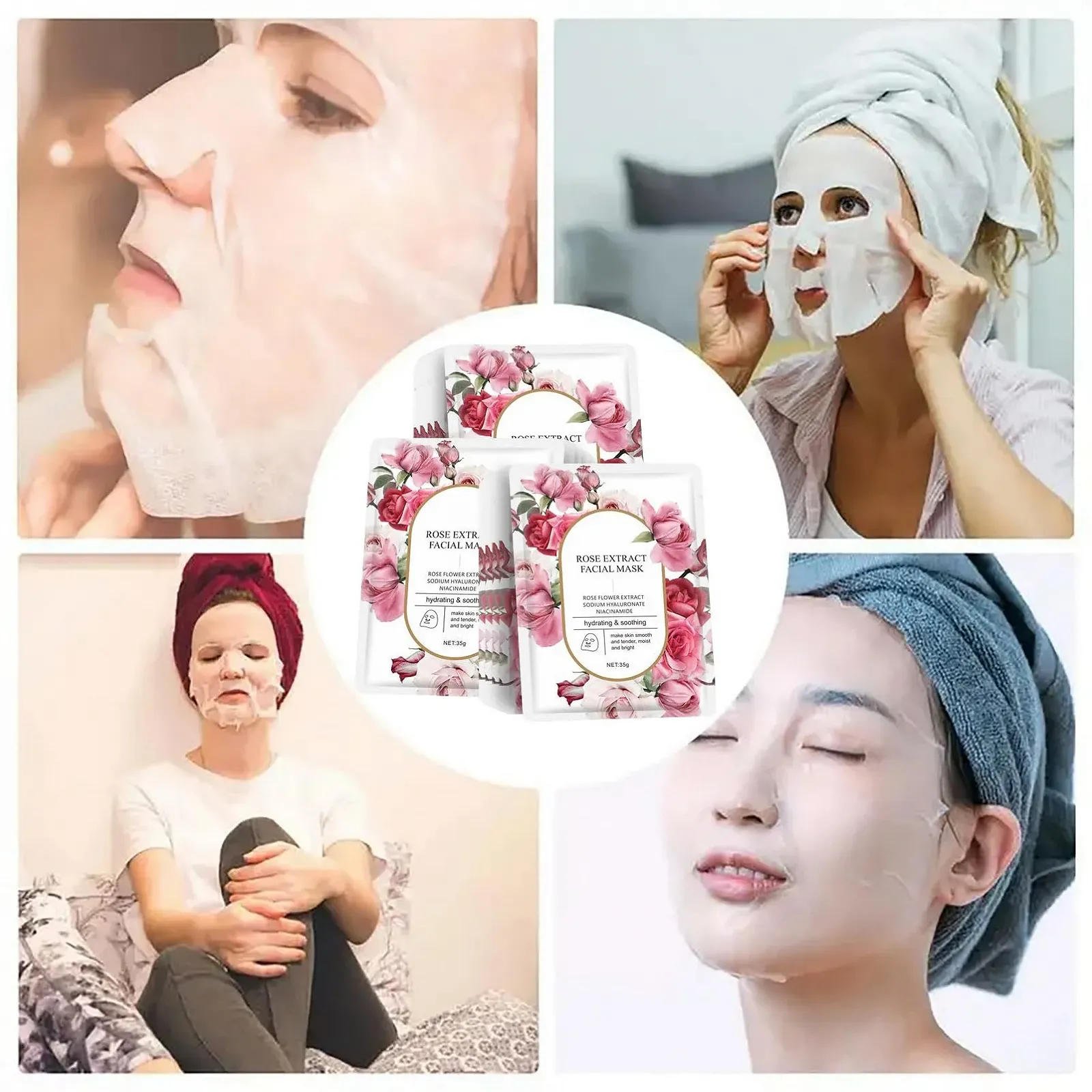 Тканевая маска для лица ARCHIDATE с экстрактом розы, 5 шт. Увлажняющая маска для лица. Набор косметических масок для женщин. Маска для лица против морщин. Маски для красоты, для гладкой упругой кожи, фото №7