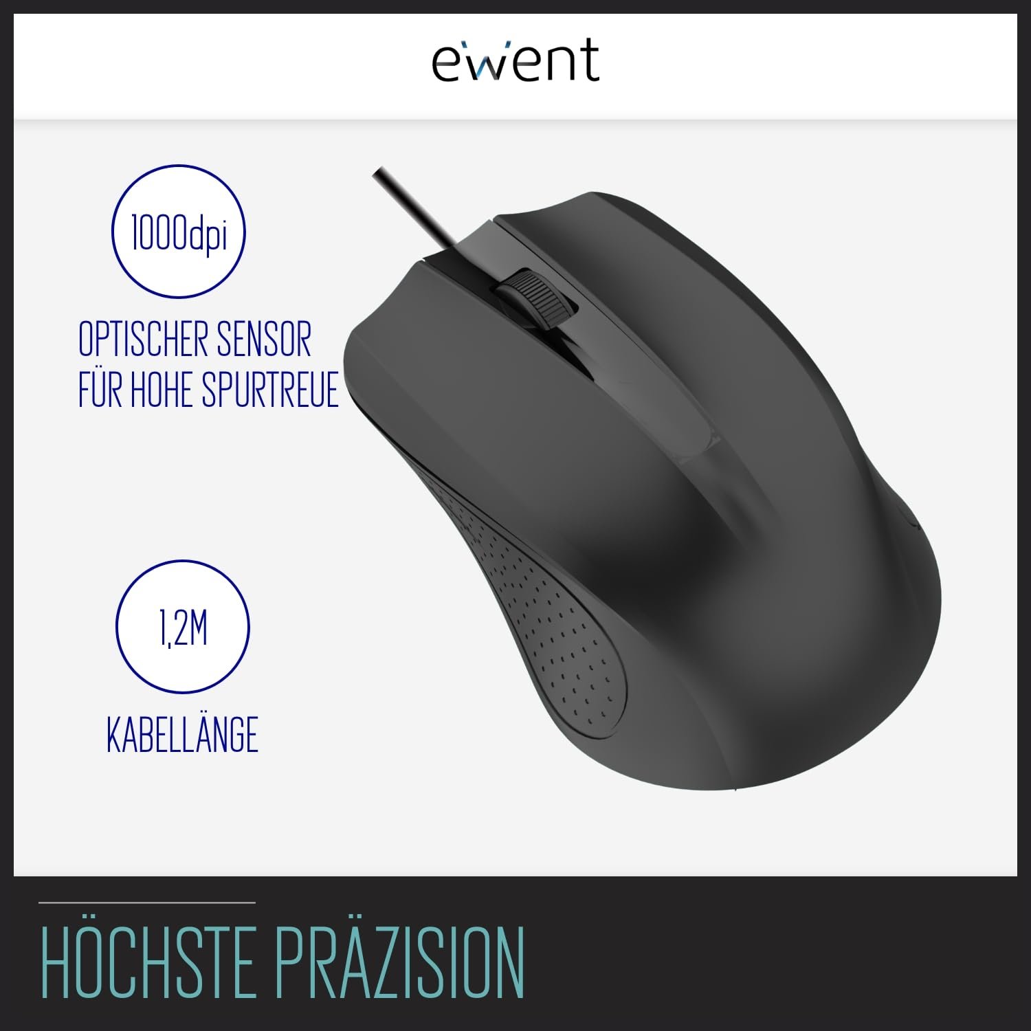 Мышь проводная USB оптическая 3 кнопки 1000 DPI эргономичный дизайн Ambidextrous черный, фото №3