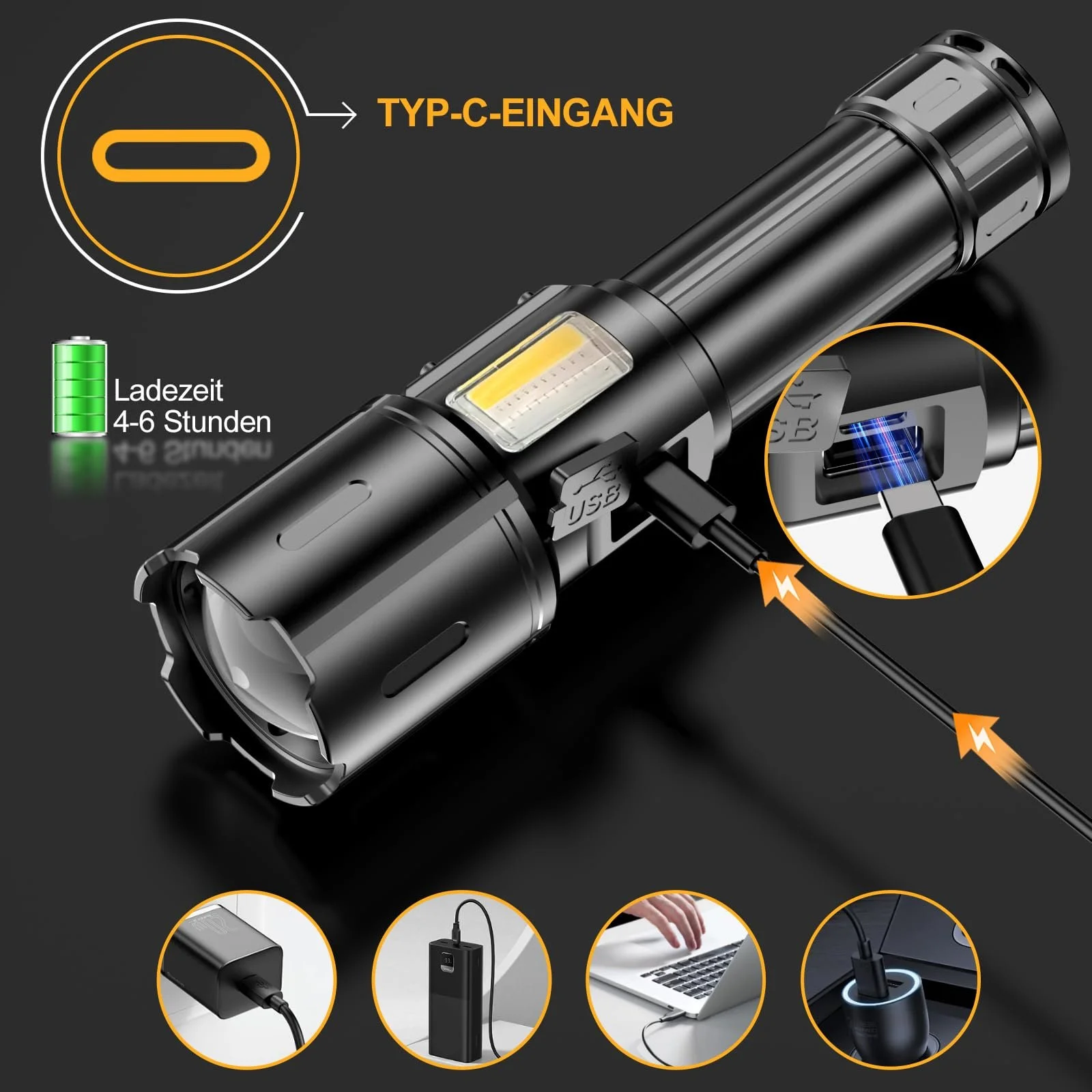 Світлодіодний ліхтар BEYSTE LC223 500 000 люмен тактичний акумуляторний USB 9 режимів з COB боковим світлом плавне регулювання яскравості для кемпінгу, фото №6