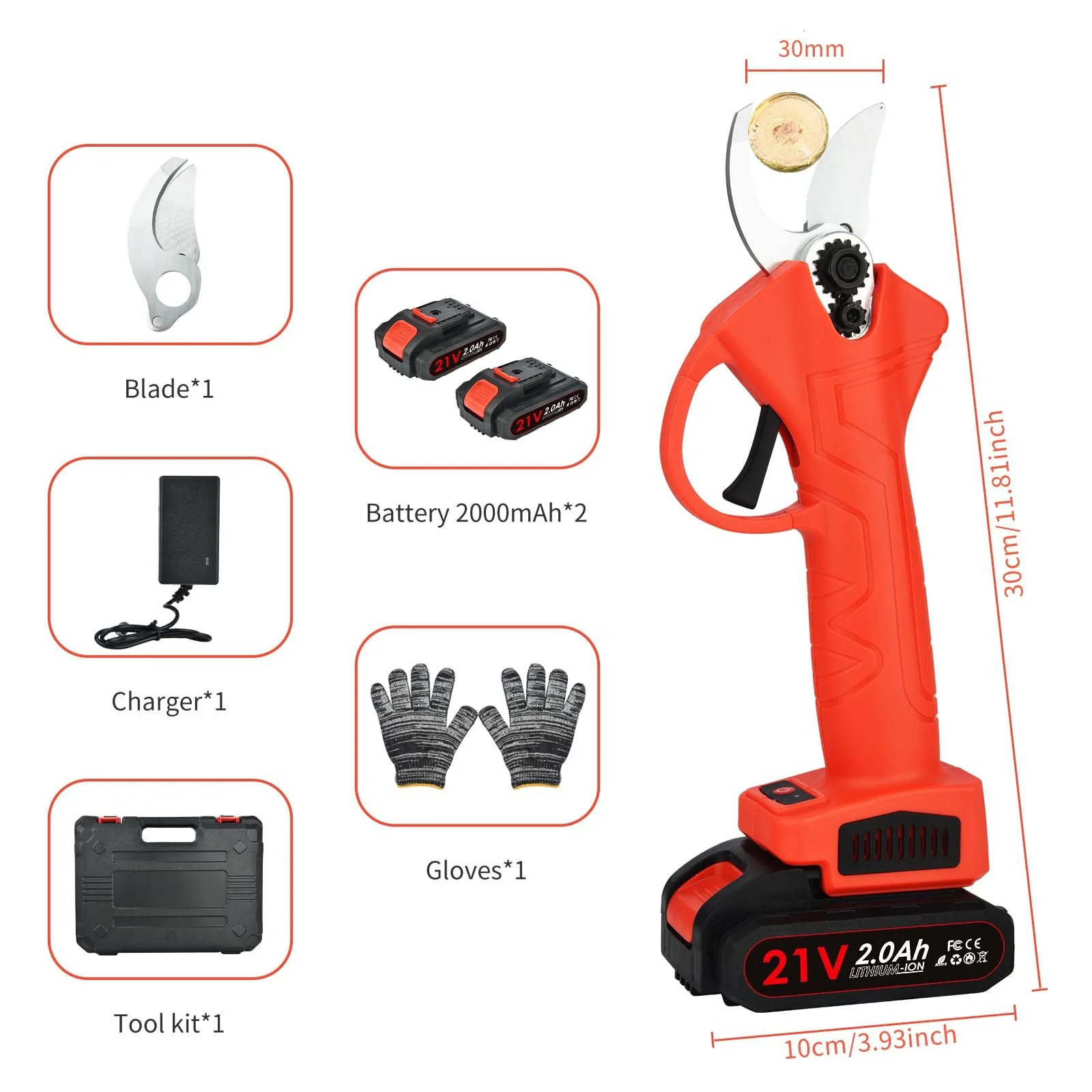 Секатор акумуляторний електричний 30 мм з 2 акумуляторами 21 V, 2000 mAh, фото №8