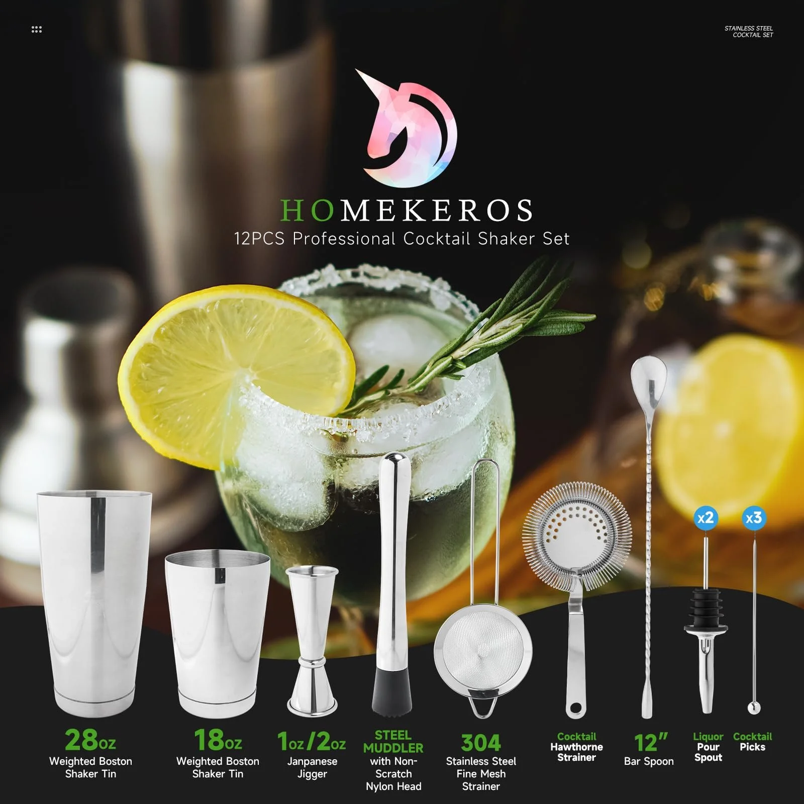 Набор для коктейлей HOMEKEROS 12 предметов Шейкер для нержавеющей стали, набор бостонских шейкеров 550 мл и 850 мл с аксессуарами для бара, фото №8