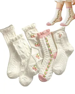 Шкарпетки з оборками Бавовняні в'язані жіночі білі (5 пар) - Фото 1