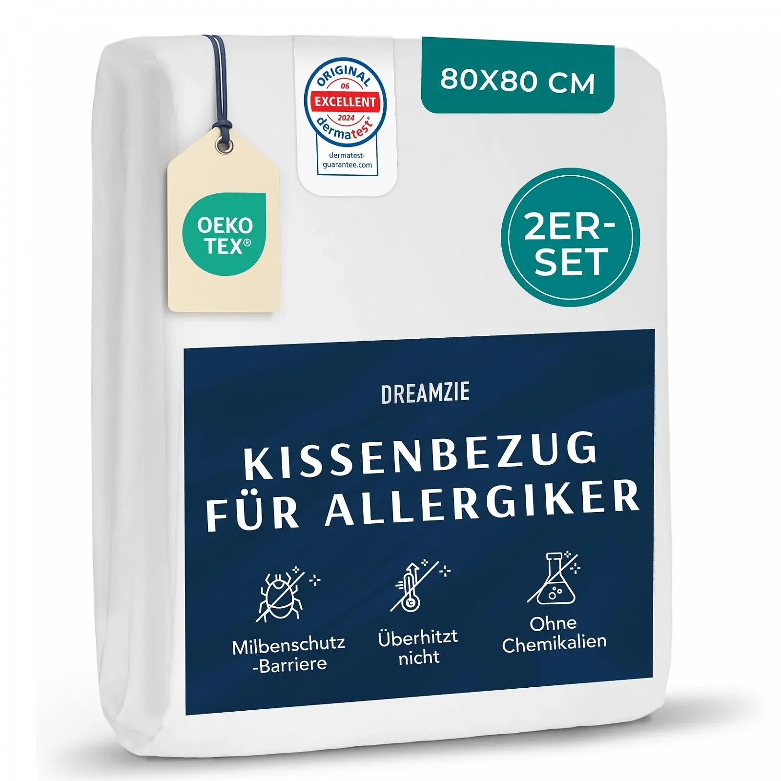 Набір для подушок Dreamzie 2 шт. 80 x 80 см, чохол, постільна білизна для алергіків, професійно протестована, фото №1