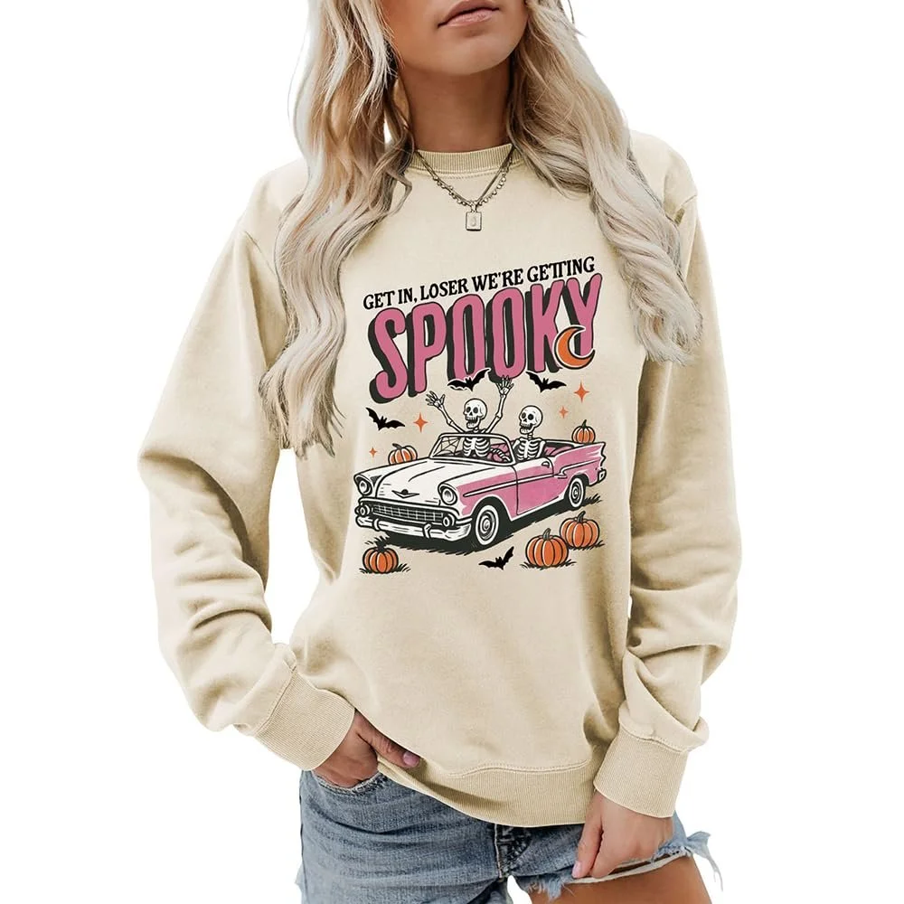 Женский Свитшот MLZHAN на Хэллоуин, смешное привидение на автомобиле, тыква, летучие мыши, графический, с круглым вырезом, с длинными рукавами, страшные фестивальные рубашки, фото №1