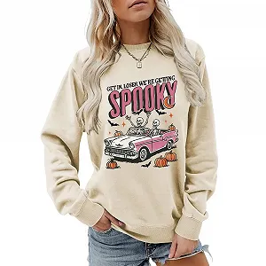 Женский Свитшот MLZHAN на Хэллоуин, смешное привидение на автомобиле, тыква, летучие мыши, графический, с круглым вырезом, с длинными рукавами, страшные фестивальные рубашки - Фото 1