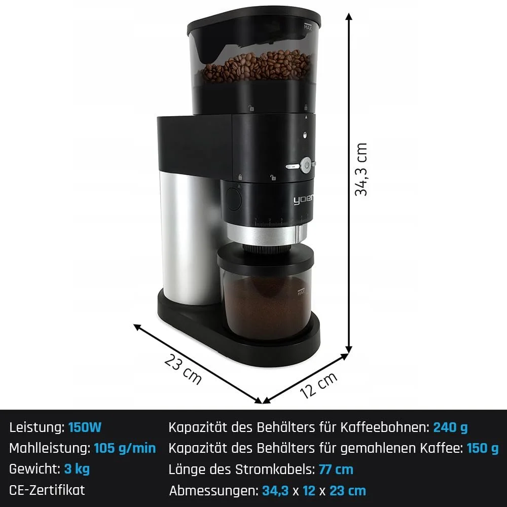 Кофемолка Yoer Mulino BCG01BK Электрическая 150 Вт Дисковая Автоматическая 43 уровня помола Коническая Сталь Черный, фото №5