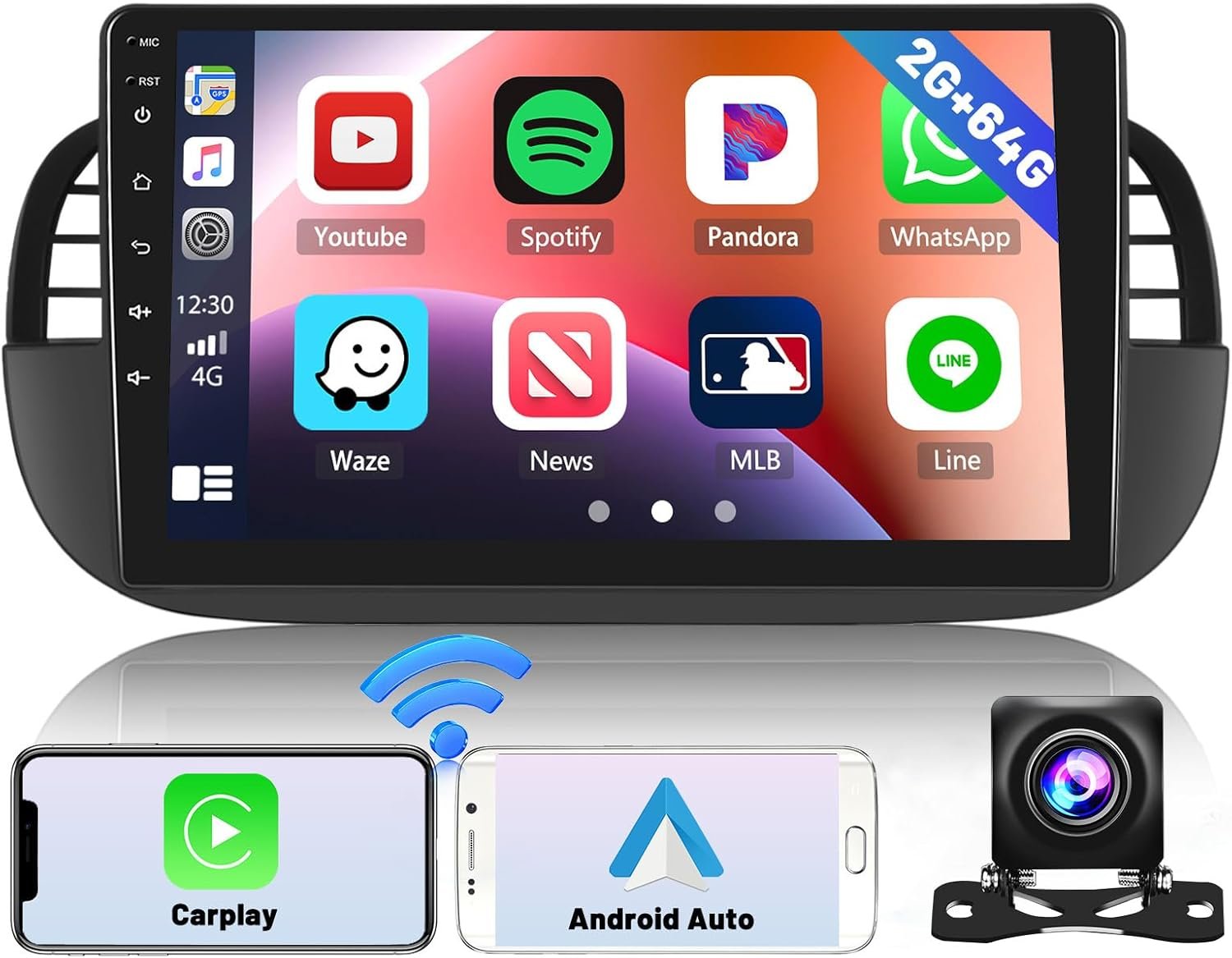 Штатна автомагнітола Hikity для FIAT 500 2007-2015 / 9" / Сенсорна / 2/64Гб / Android 13 / Apple CarPlay / Android Auto / Bluetooth / WI-FI / GPS / USB / 2DIN, фото №1