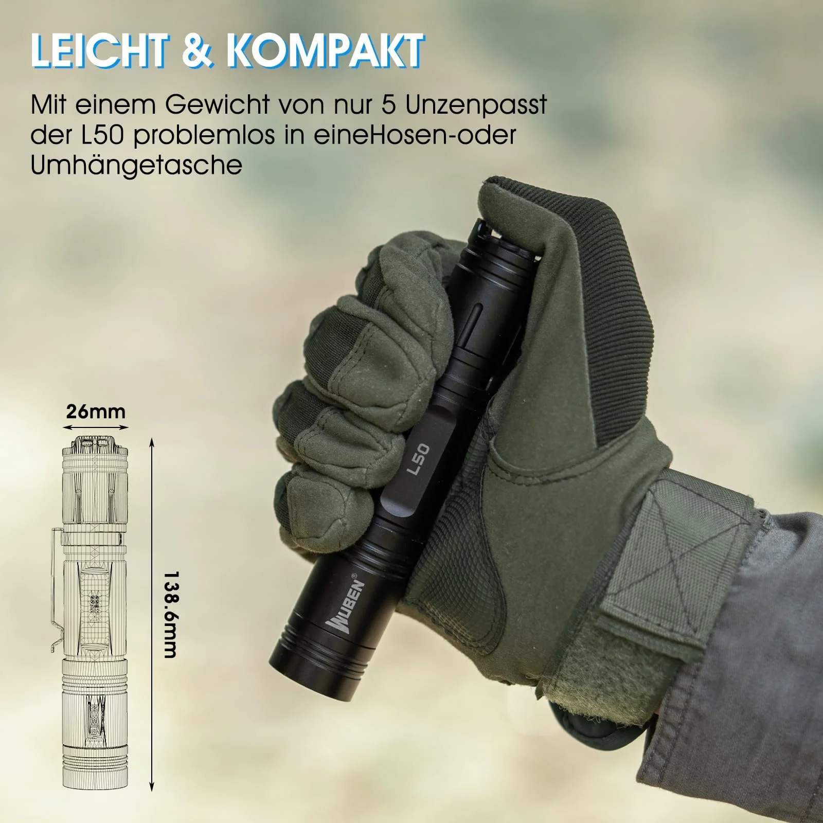 Ліхтар WUBEN L50 LED 1200 люмен, надяскравий ручний , Micro USB акумуляторний тактичний ліхтар 5 режимів, водонепроникний IP68 для активного відпочинку, кемпінгу, походів (оновлена версія) з акумулятором 18650, фото №4