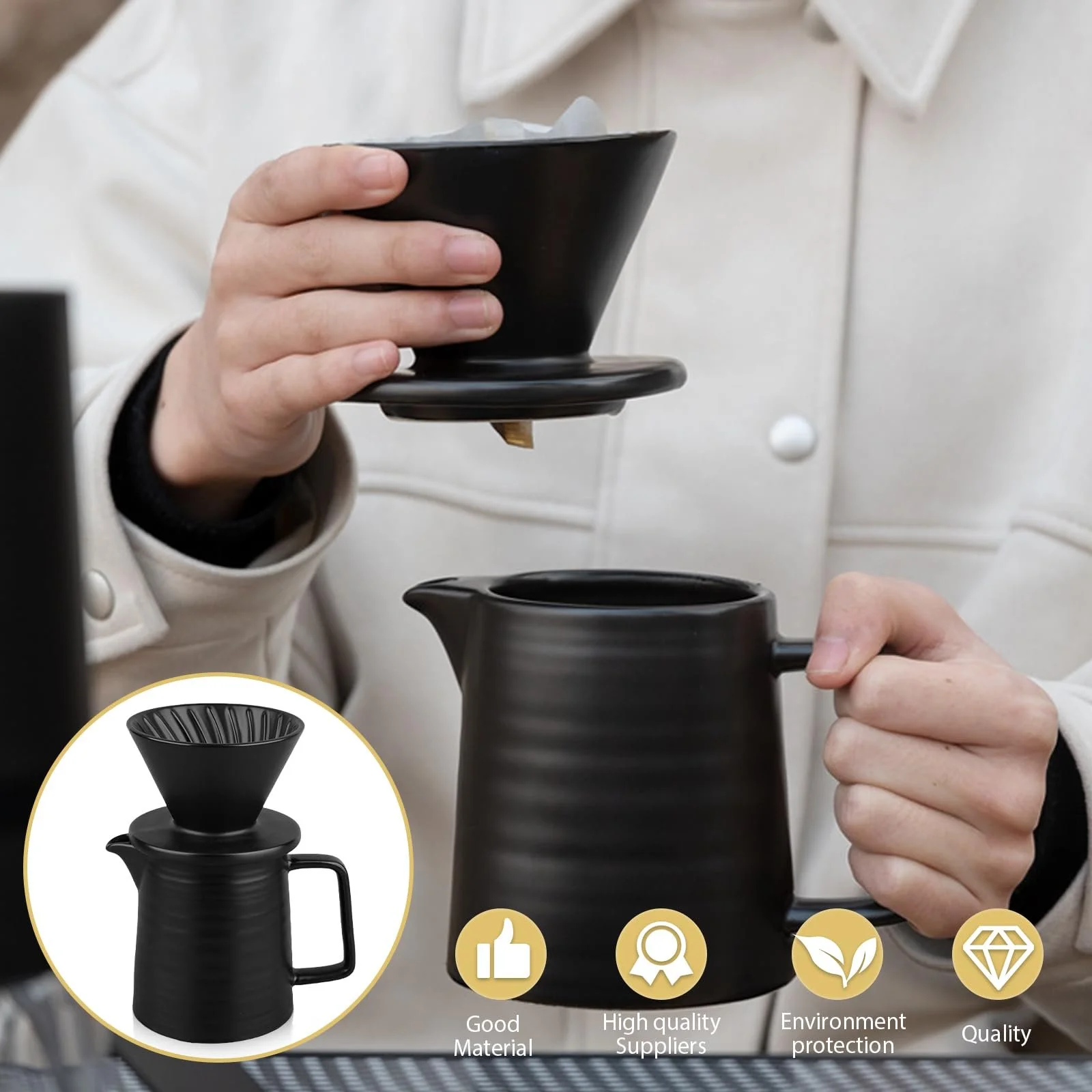 Набір для приготування кави Pour Over, керамічний фільтр 450 мл з чашкою та 100 паперових фільтрів, фото №4