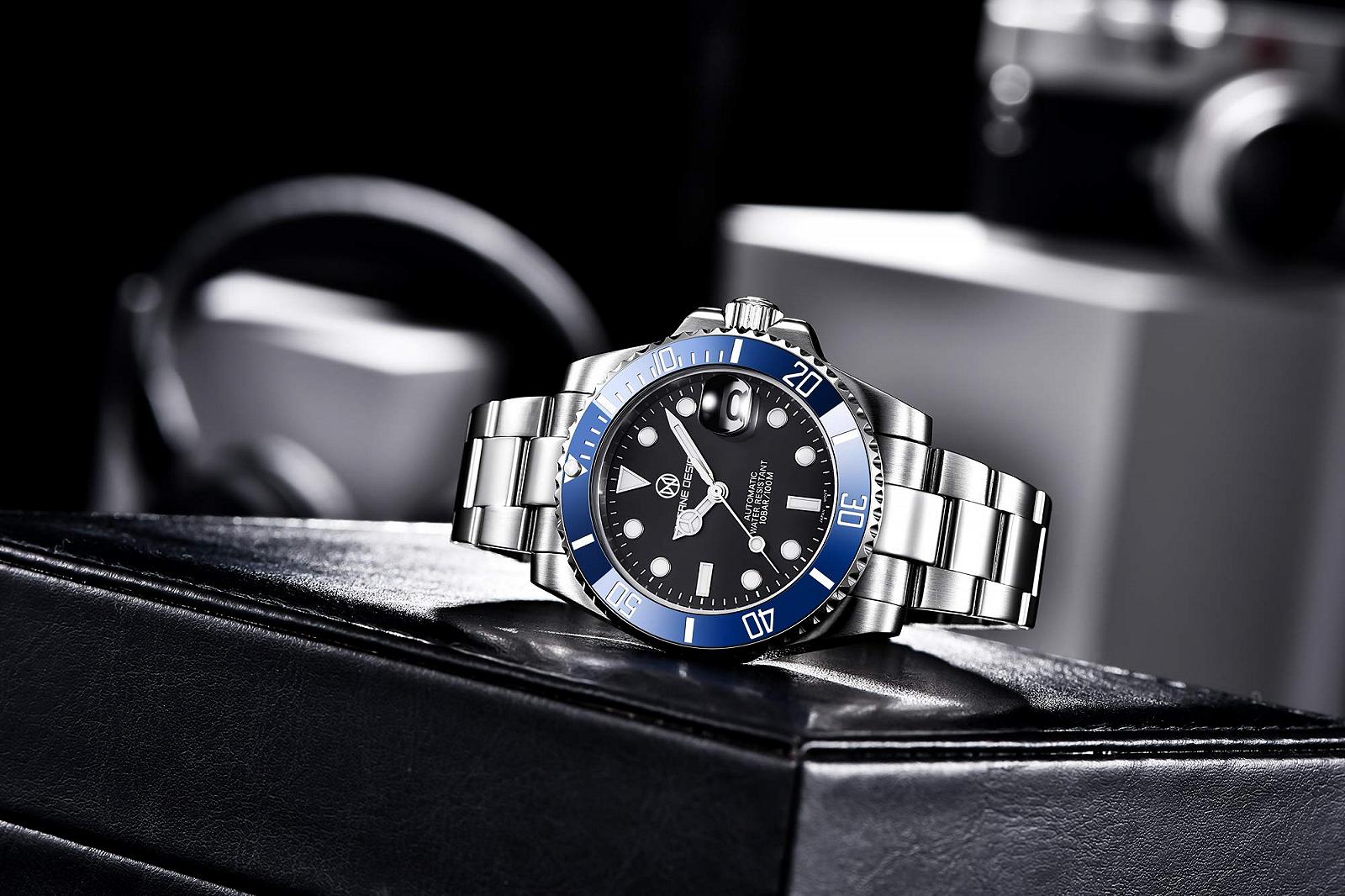 Часы PAGRNE DESIGN Men's Automatic Submariner с браслетом из нержавеющей стали, механические, водонепроницаемые (100 м), механизм NH35A, фото №6