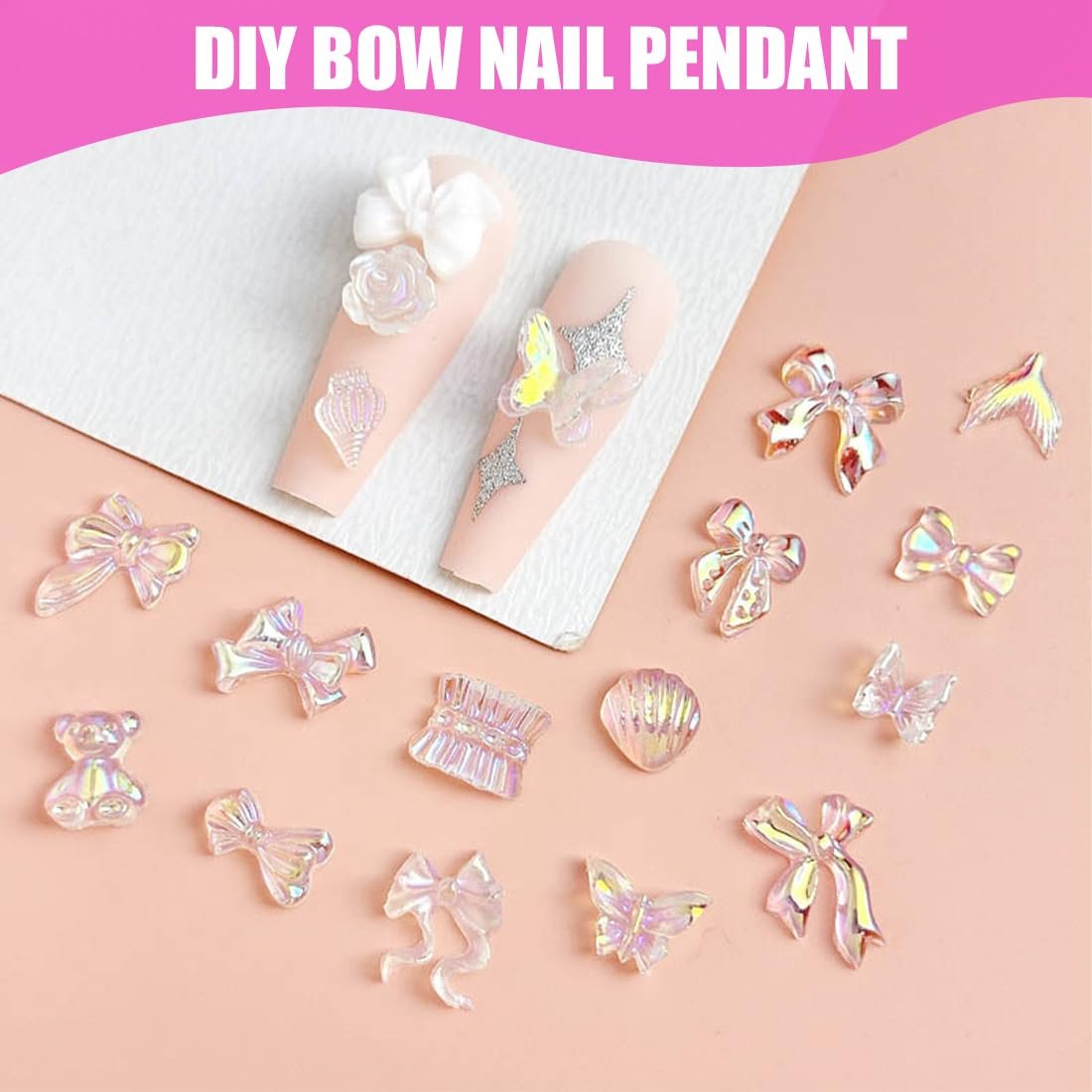 3D Подвески для ногтей из смолы Набор 100шт Бабочка Цветок Сердце Мишка Стразы для ногтей Розовый Аврора Камни для ногтей Аксессуары для украшения ногтей для дизайна ногтей, фото №4