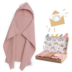 Рушник з капюшоном Räuberella® для малюка, 75 x 100 см, мусліновий рушник для ванни, виготовлений зі 100% органічної бавовни, абсорбуючий дитячий рушник з капюшоном, набір рушників для ванни, включаючи упаковку та картку, рожевий - Фото 1