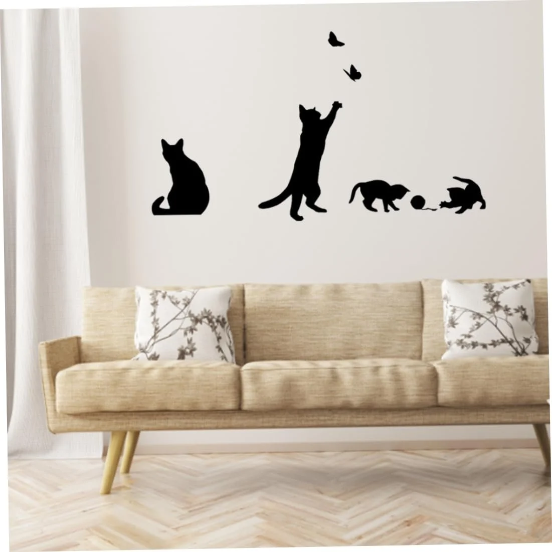 Наклейка на стіну Кіт ловить метелика Знімна Чорний, фото №6