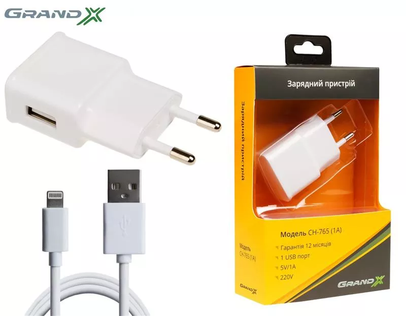 Зарядное устройство Grand-X 1*USB, 1A White cable USB Lightning Cu 2.1А, 1m CH765LTW, фото №7