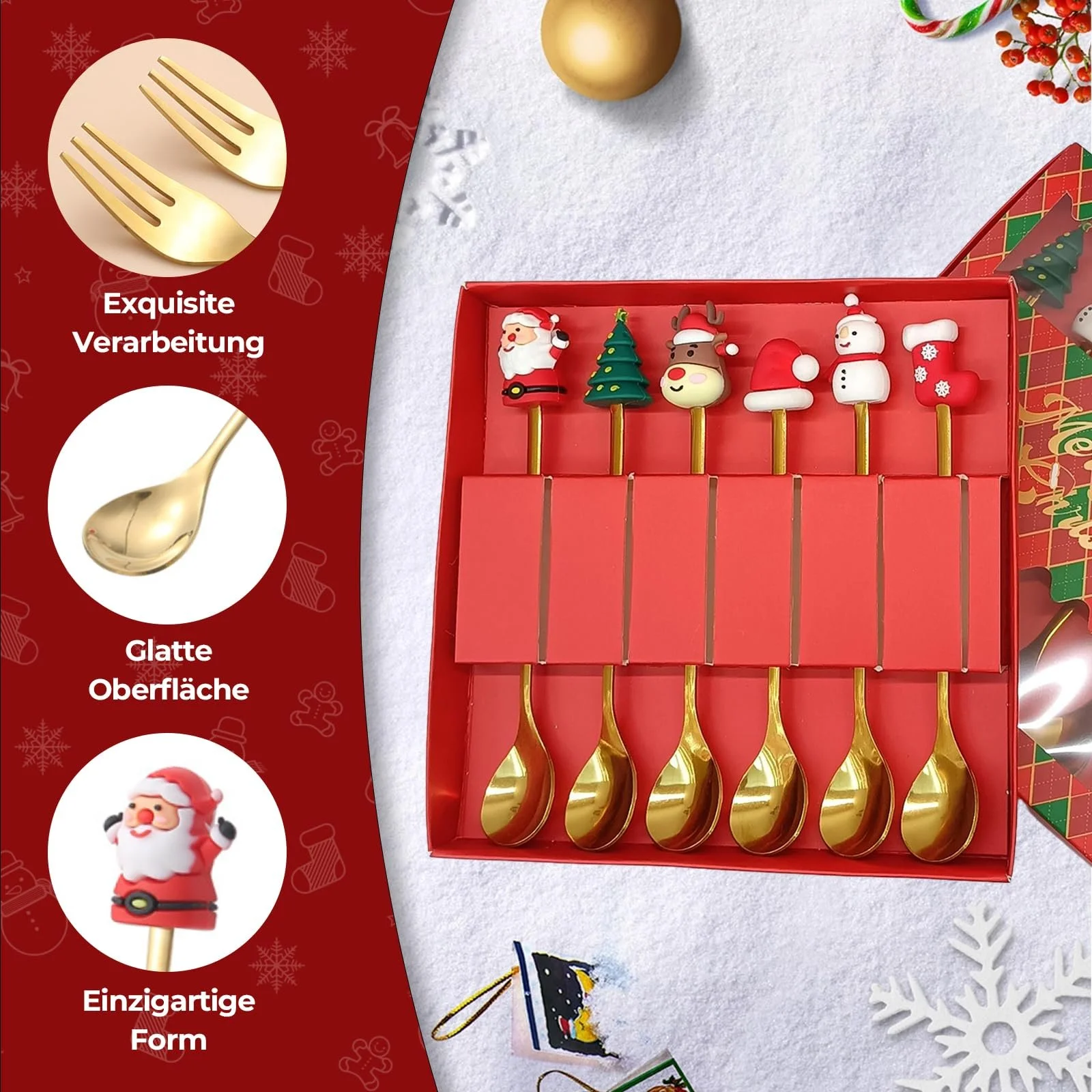 Ложка Різдвяна Набір 6 шт Золоті різдвяні прибори з фігурками, фото №4