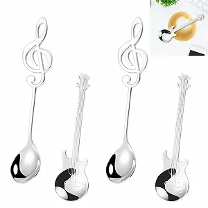 Ложка Кофейная Музыкальная Набор 4 штуки Форма гитары и ручка в виде скрипичного ключа 304 Пищевая сталь - Фото 1
