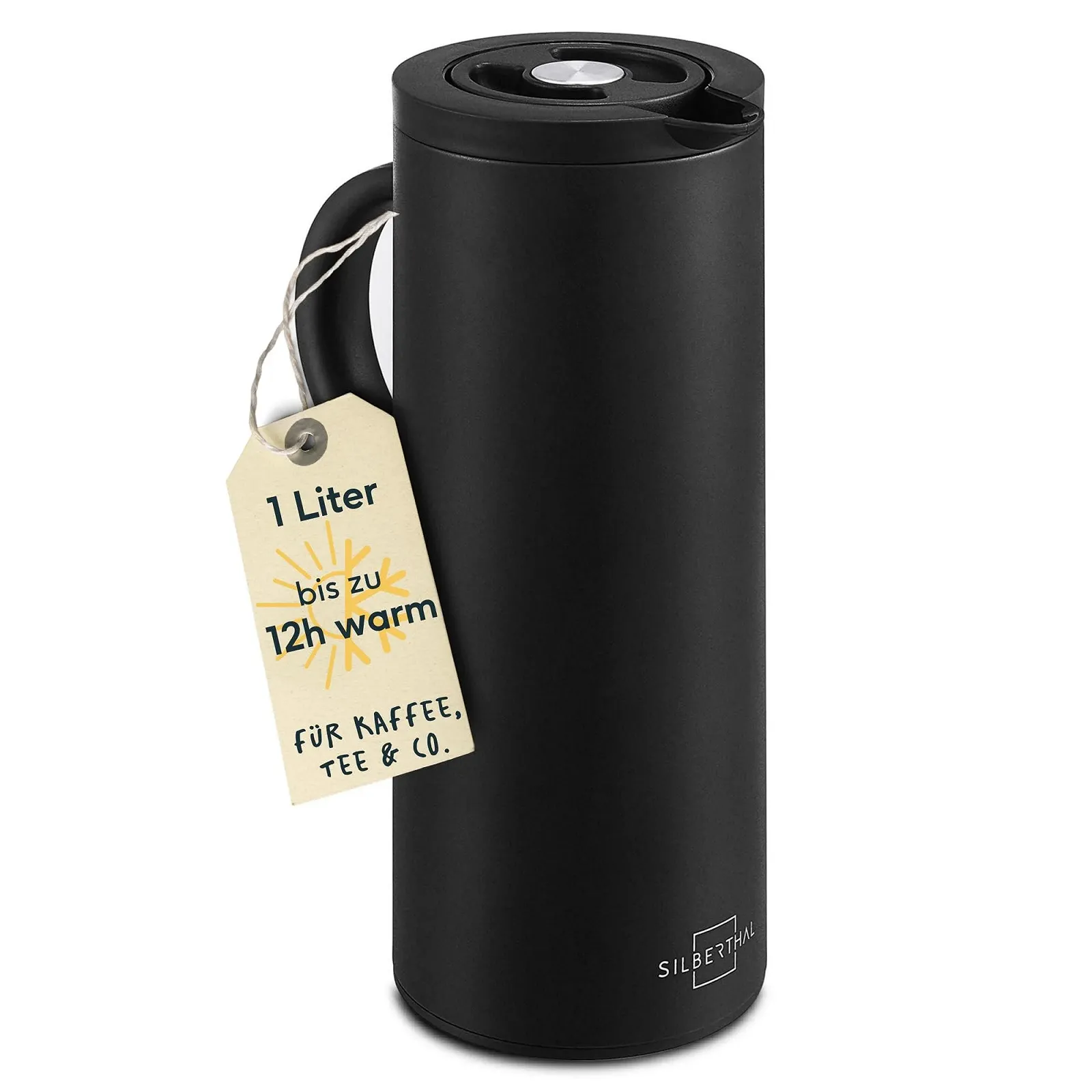 Термос для кави та чаю Silberthal 1-L з нержавіючої сталі з подвійними стінками та скляною підкладкою, чорний, фото №1