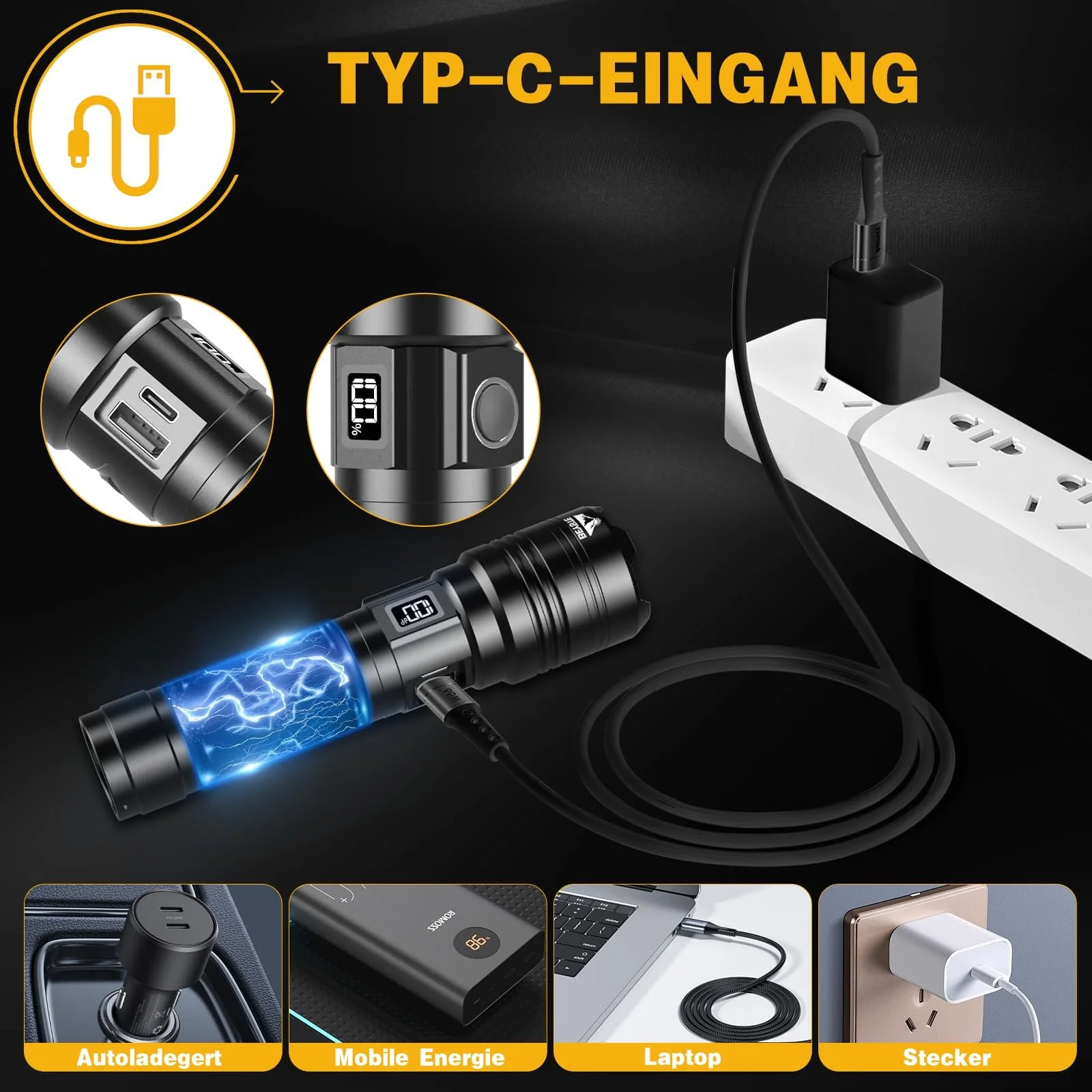 Ліхтар LED Акумуляторний 500 000 Люмен, LED Надзвичайно Яскравий Працює від Акумулятора, Дуже Яскравий Тактичний, фото №9