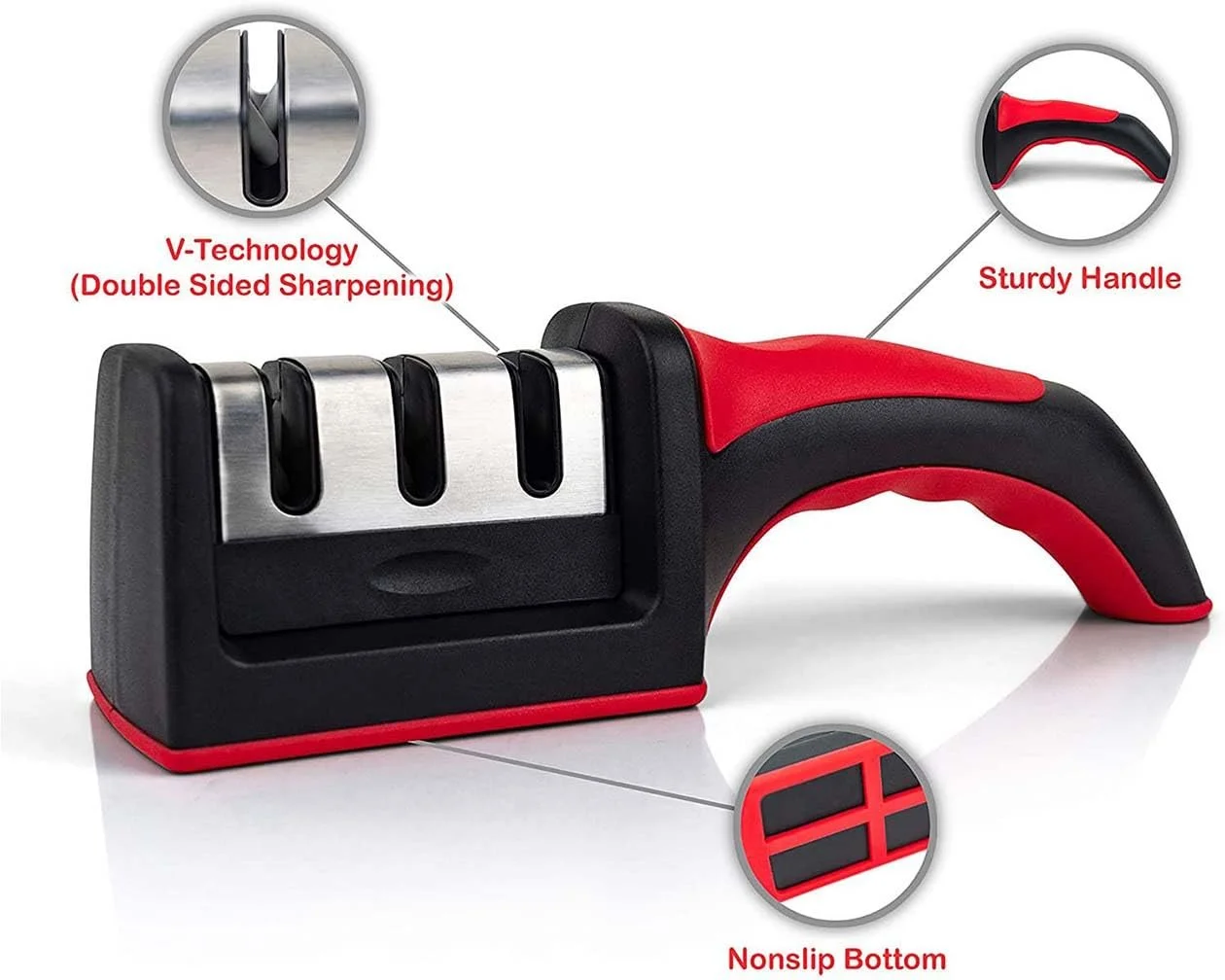 Точилка для ножей ручная профессиональная 3 уровня вольфрамовая сталь алмаз керамический камень для стальных и керамических ножей Black, Red, фото №3