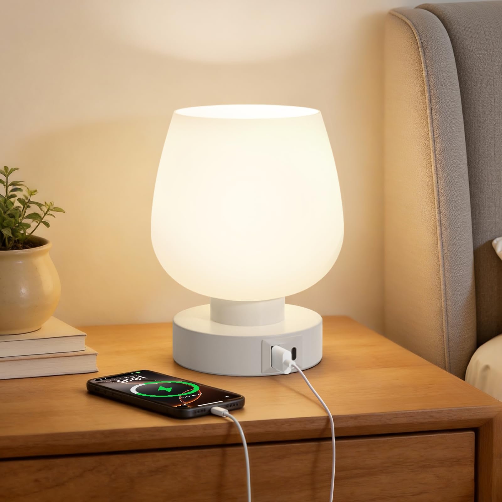 Настільна лампа PreeOtti сенсорна з регулюванням яскравості біла з роз'ємами USB A+C LED мала скляна з кабелем, фото №1