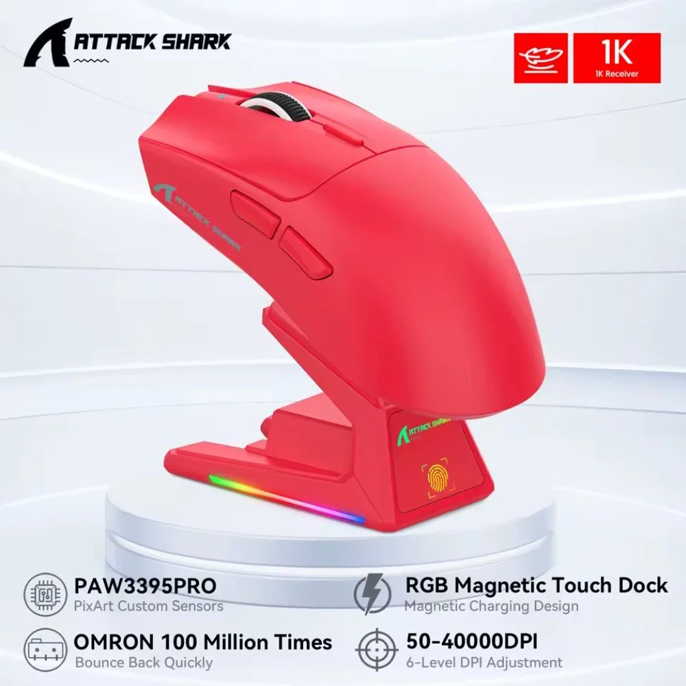 Миша Attack Shark X1 Red 40000DPI PAM3395PRO Wireless Bluetooth із зарядною базою, фото №2