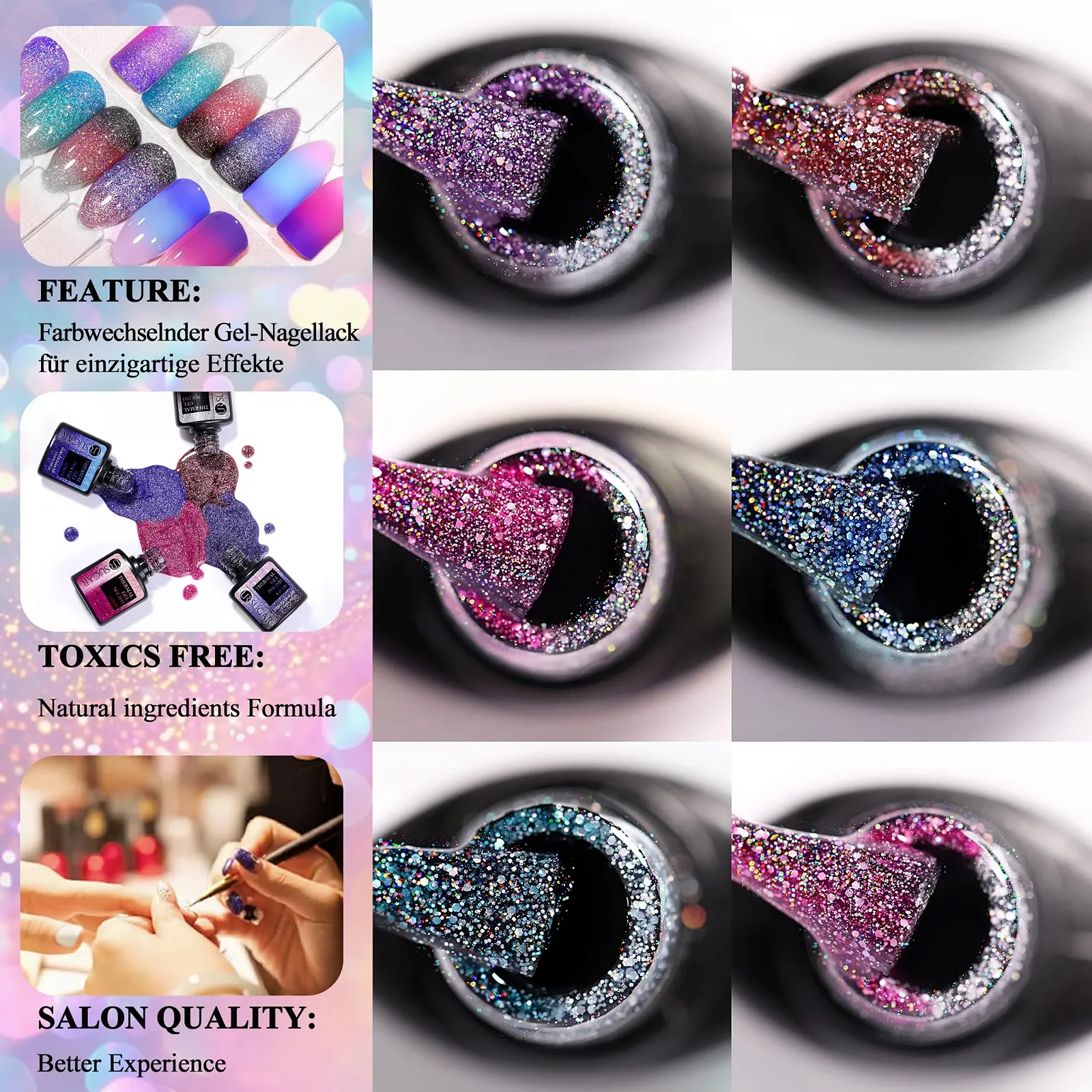 Гель-лак для ногтей с изменением цвета UV 7.5 мл, изменение температуры с эффектом блесток, сине-фиолетовый, фото №4