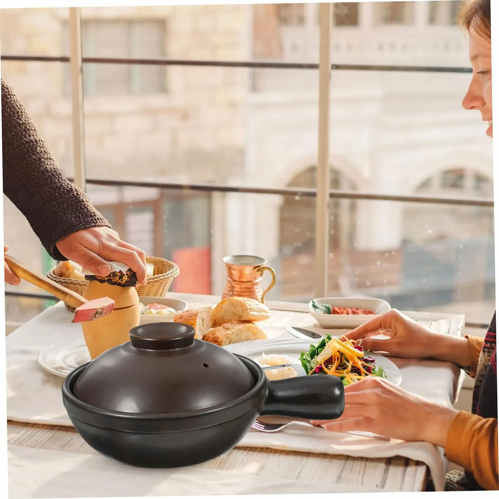 Кастрюля OUNONA керамическая с крышкой термостойкая с одной ручкой, фото №4