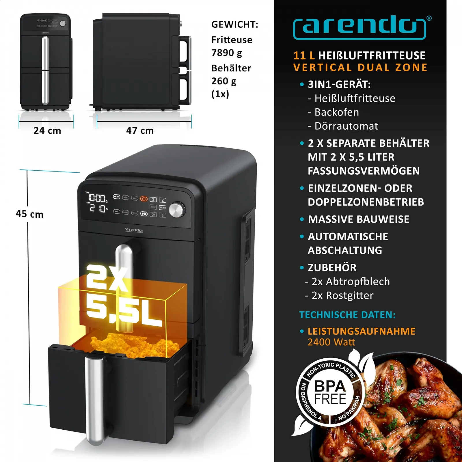Мультипіч Arendo XXL Dual Zone 11 л 2400 Вт 2 камери, фото №2 Мультипіч Arendo XXL Dual Zone 11 л 2400 Вт 2 камери, фото №2